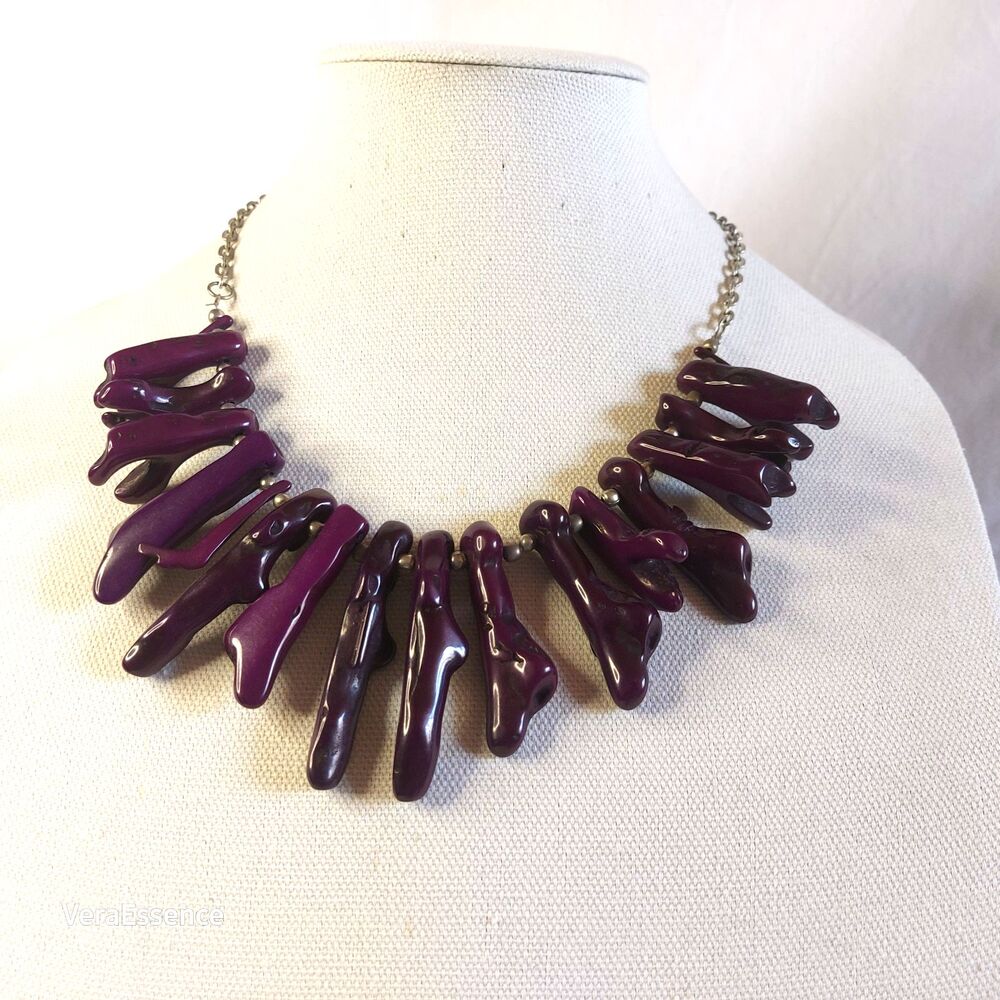Chunky Purple Dye Coral Bib Necklace Statement Silver tone Chain